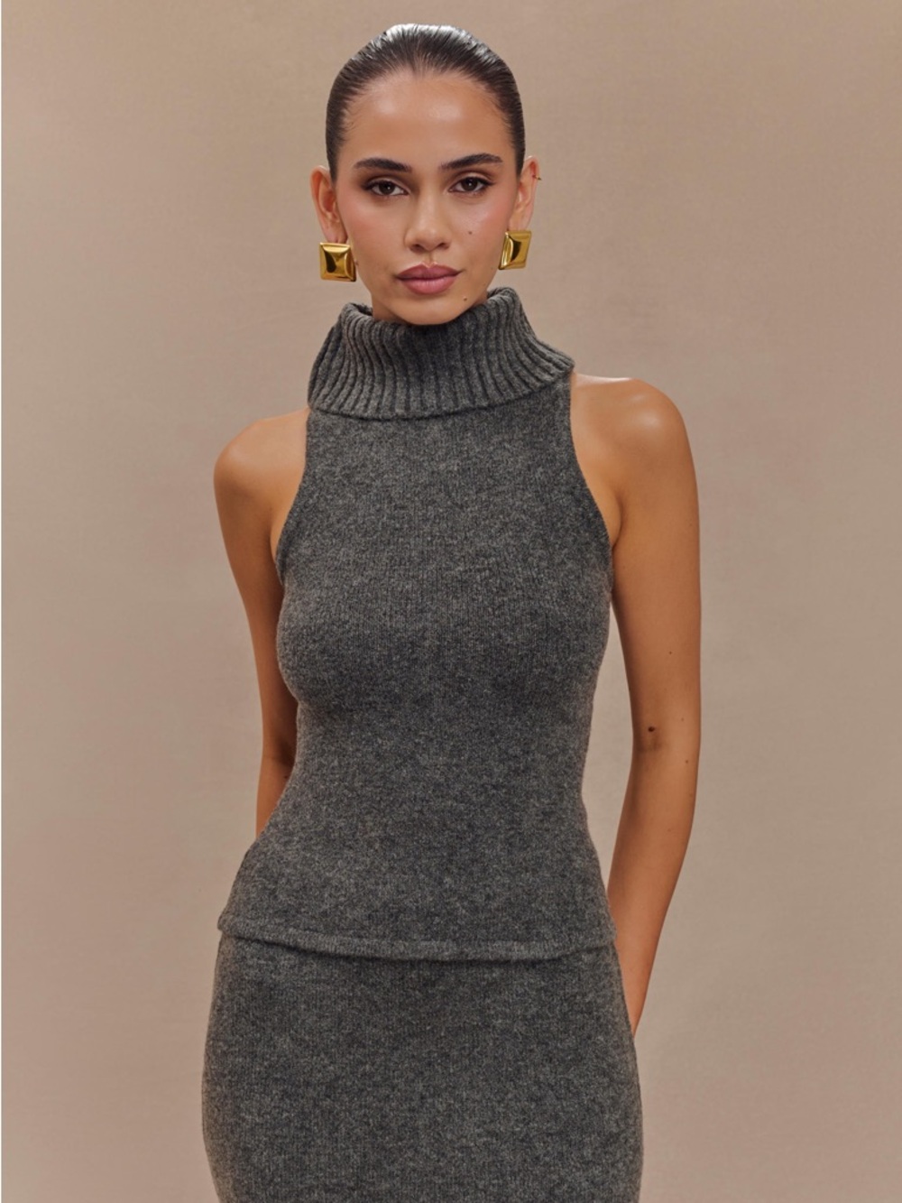 Meshki Elise Roll Neck Knit Top - Charcoal Marle
